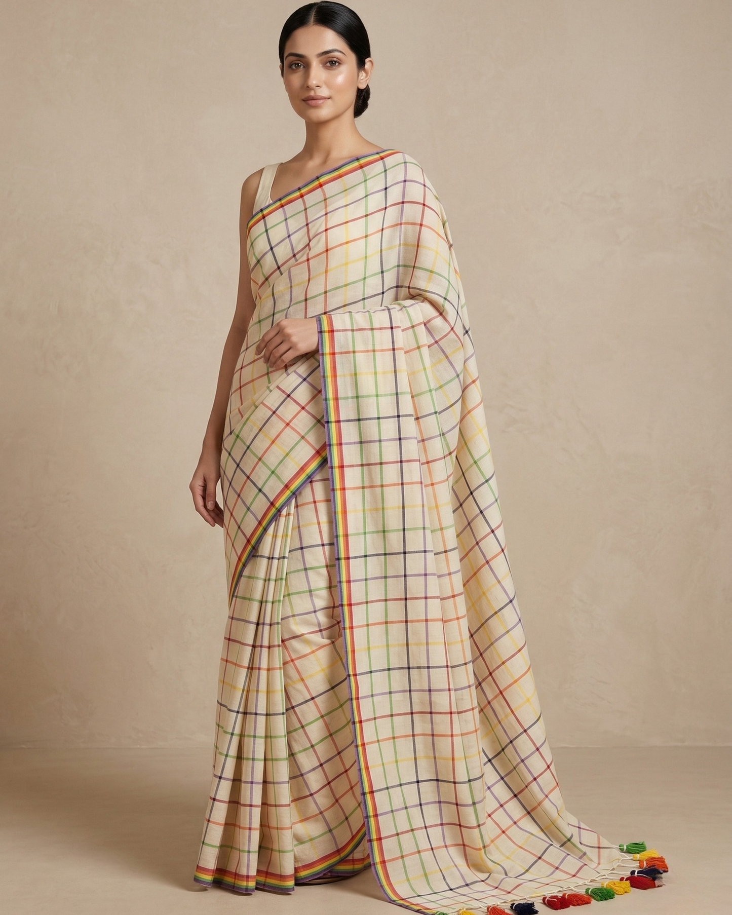 Multi colour check offwhite mulmul cotton saree