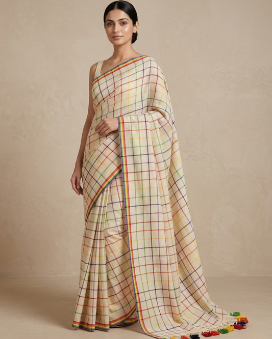 Multi colour check offwhite mulmul cotton saree