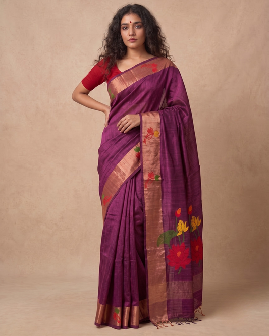 Dark Maroon Tussar Jamdani Saree