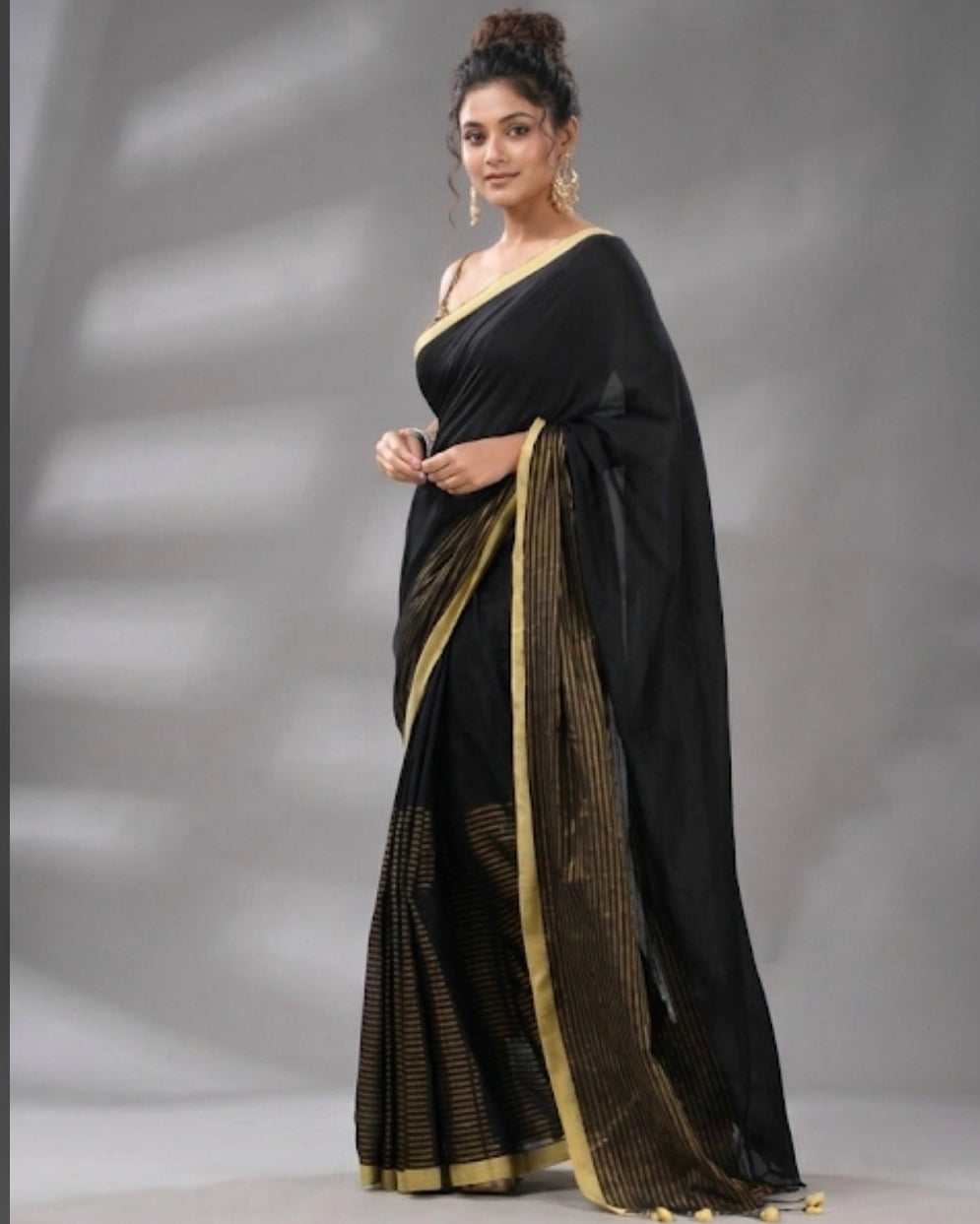 Midnight Black Handloom Mul Cotton Saree with Zari stripes
