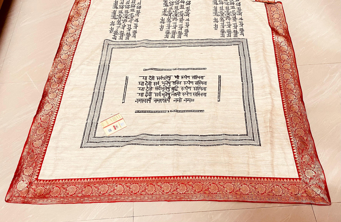 Red Ghicha Silk with hand block print