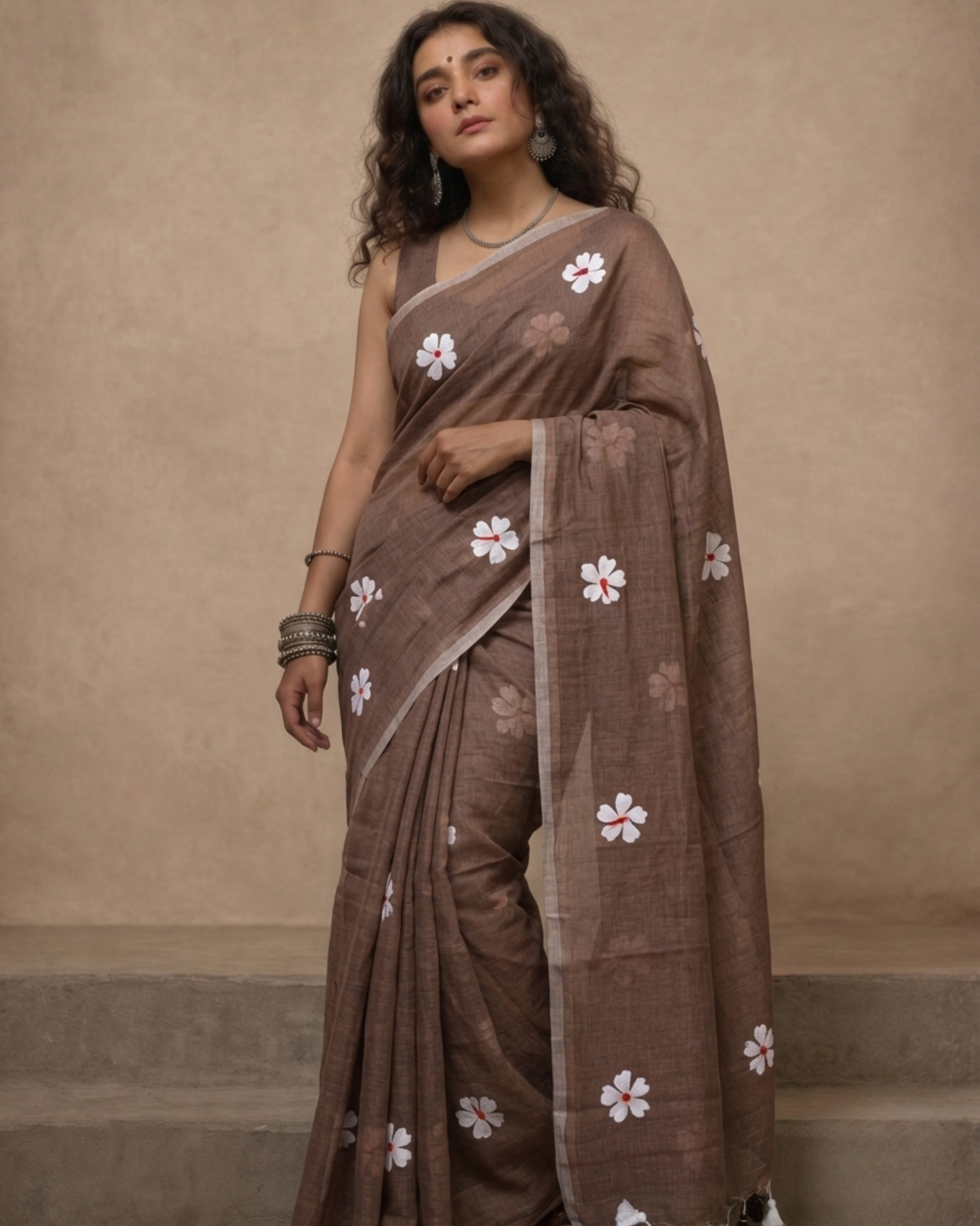 Brown Shiuli Mul Cotton Saree