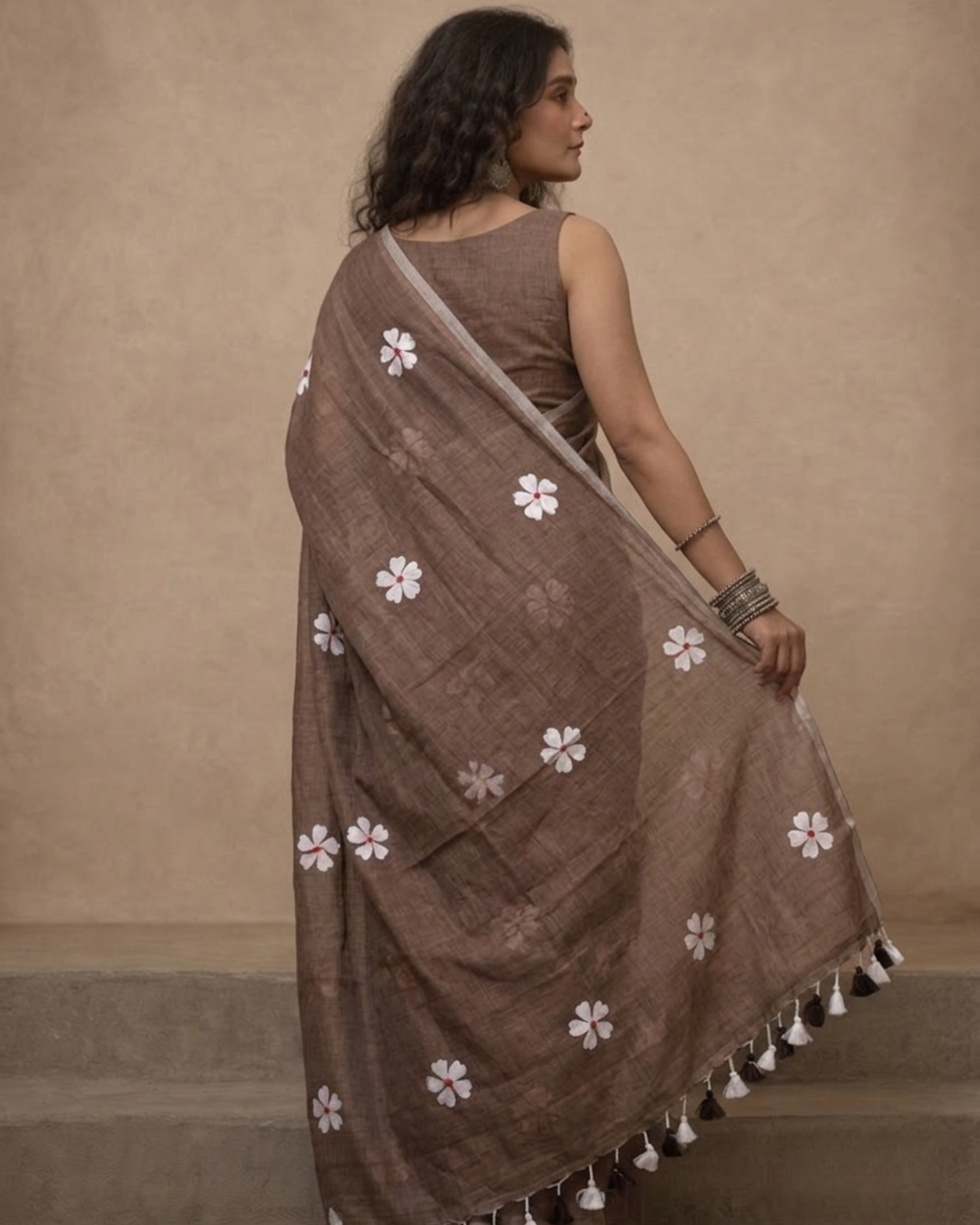 Brown Shiuli Mul Cotton Saree