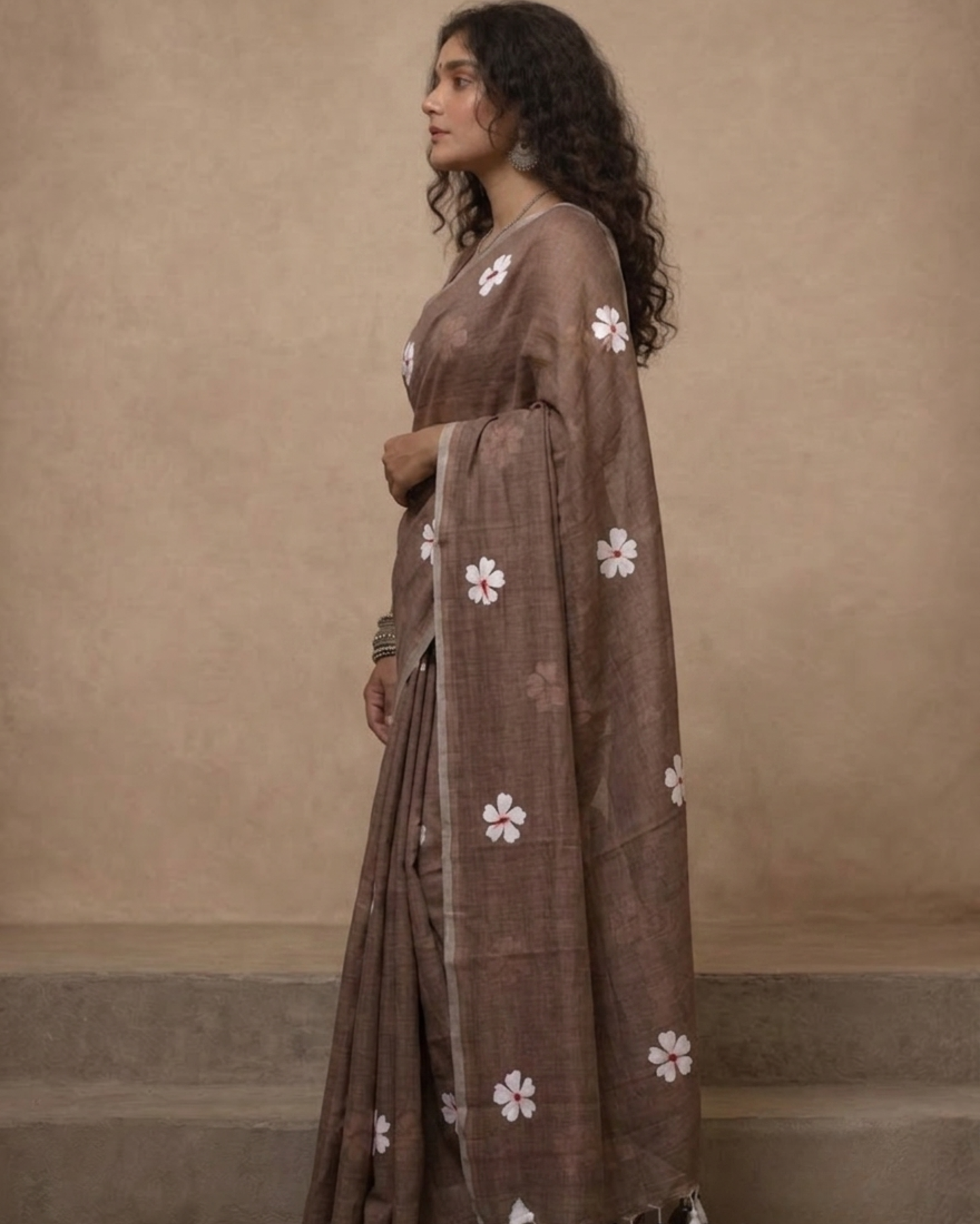 Brown Shiuli Mul Cotton Saree