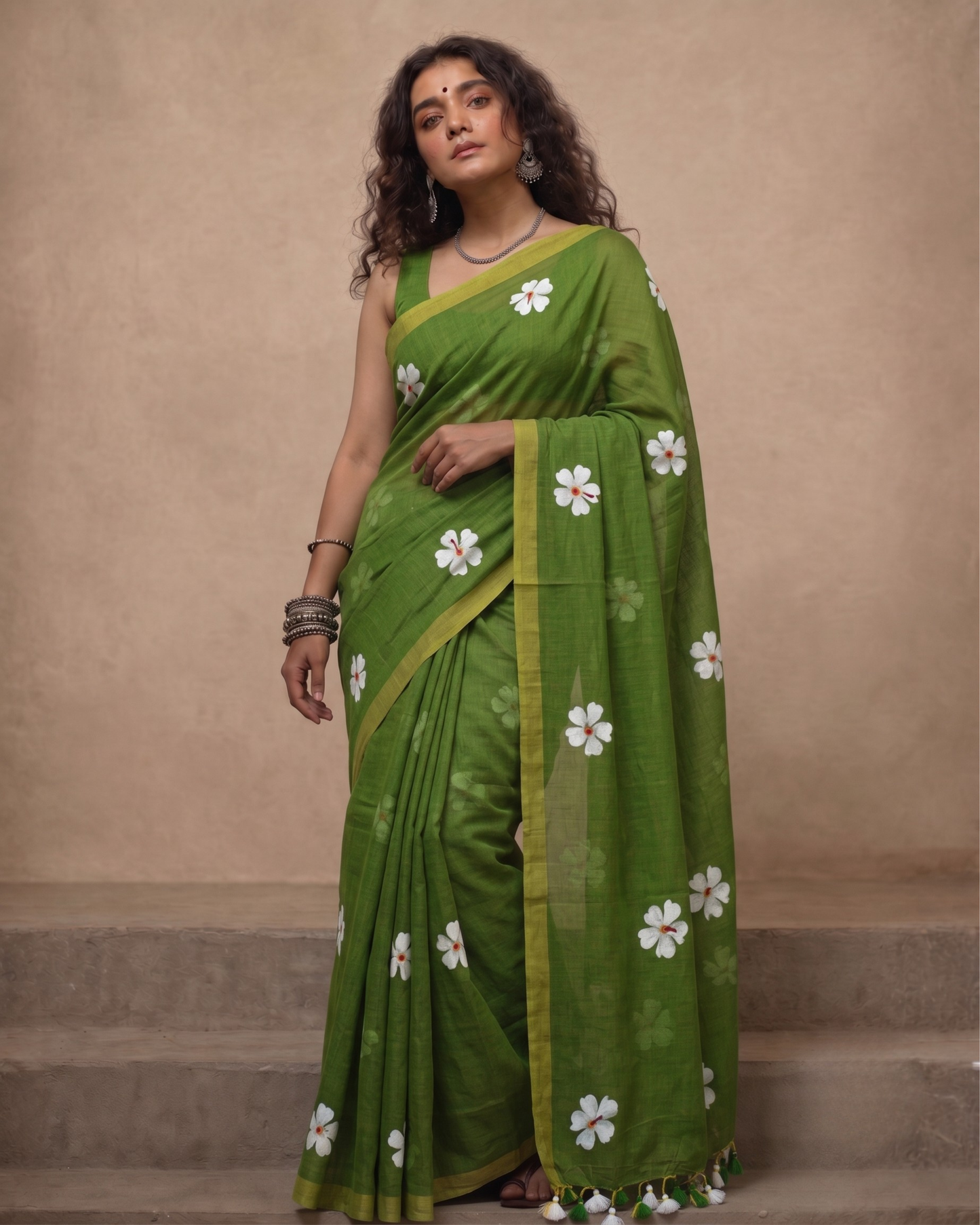 Green Shiuli Mul Cotton Saree