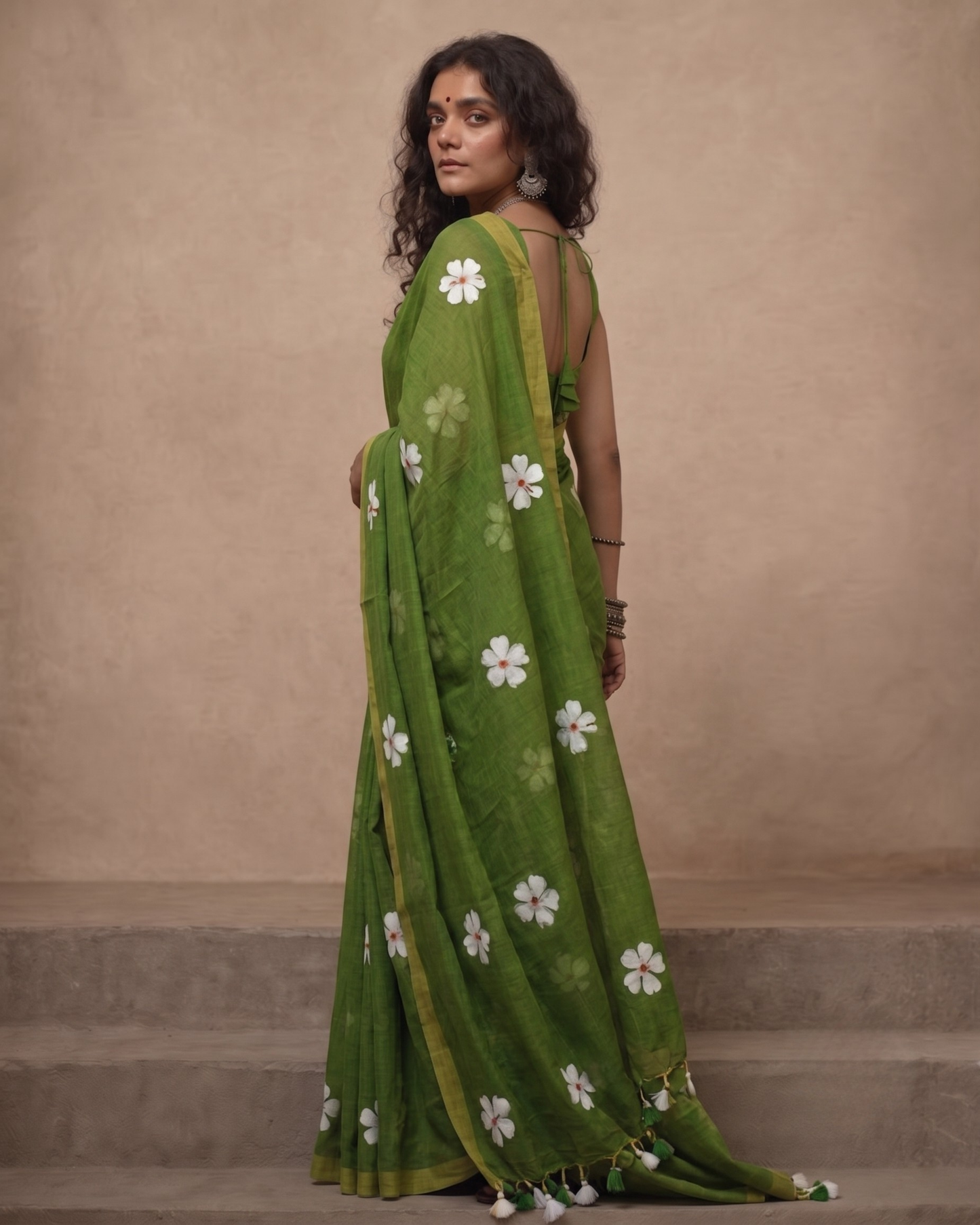 Green Shiuli Mul Cotton Saree