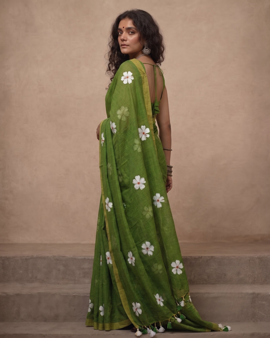 Green Shiuli Mul Cotton Saree