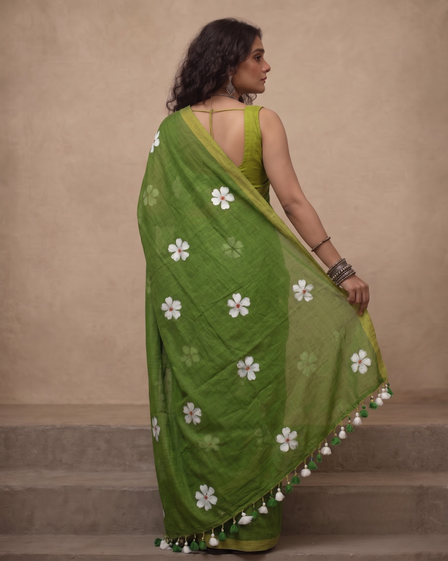 Green Shiuli Mul Cotton Saree