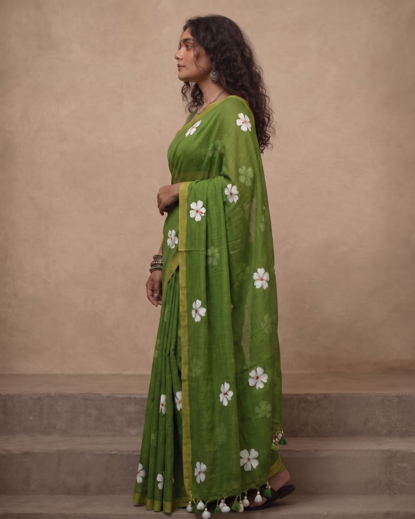Green Shiuli Mul Cotton Saree