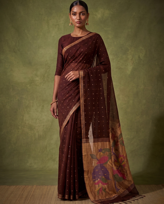 Handspun resham paithani silk saree in brown