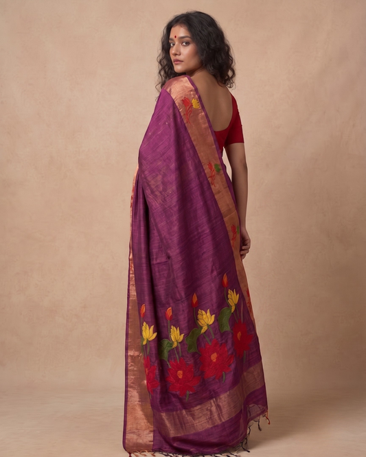 Dark Maroon Tussar Jamdani Saree