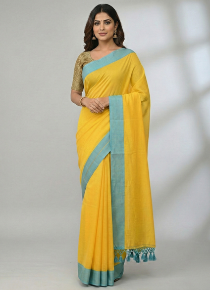 Yellow mulmul cotton saree