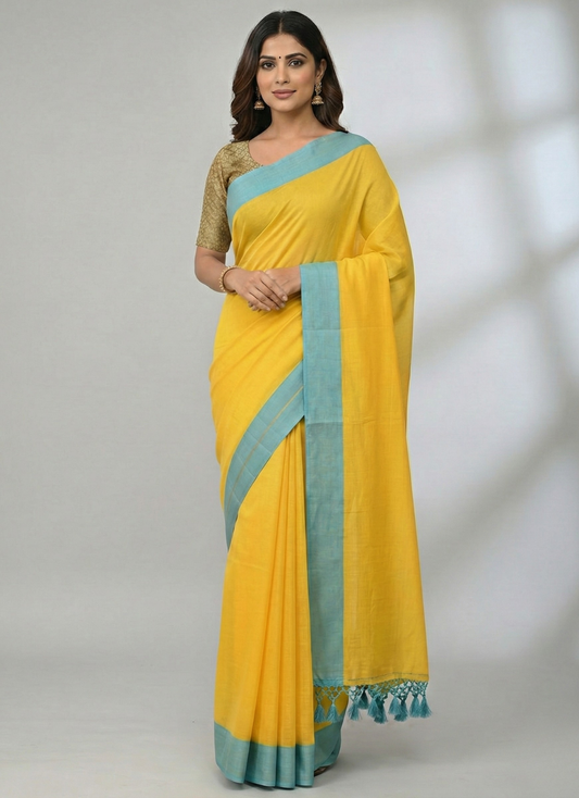 Yellow mulmul cotton saree