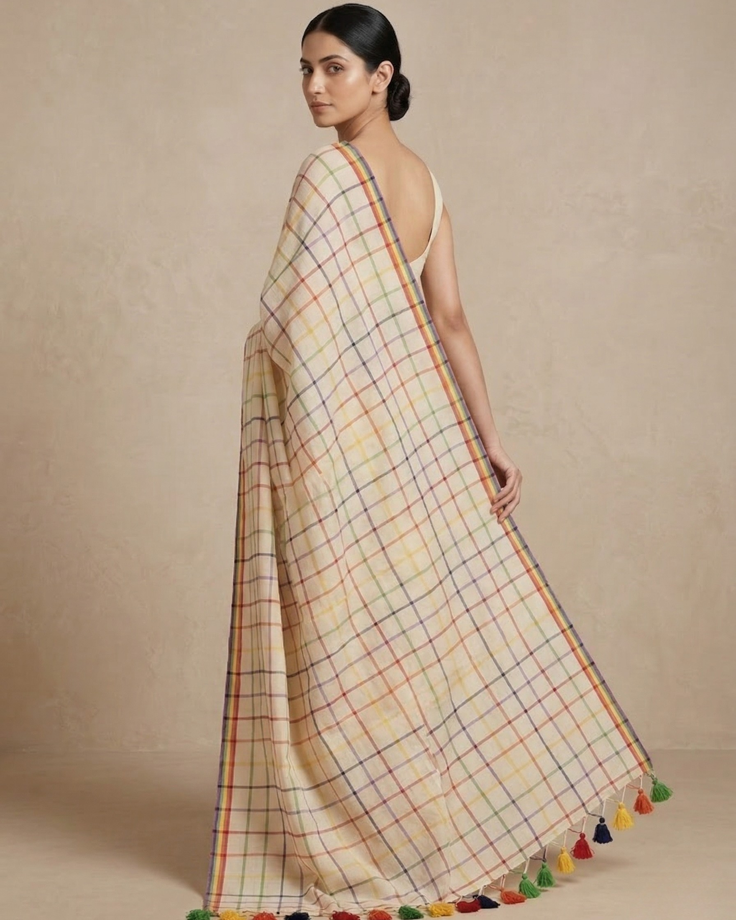 Multi colour check offwhite mulmul cotton saree