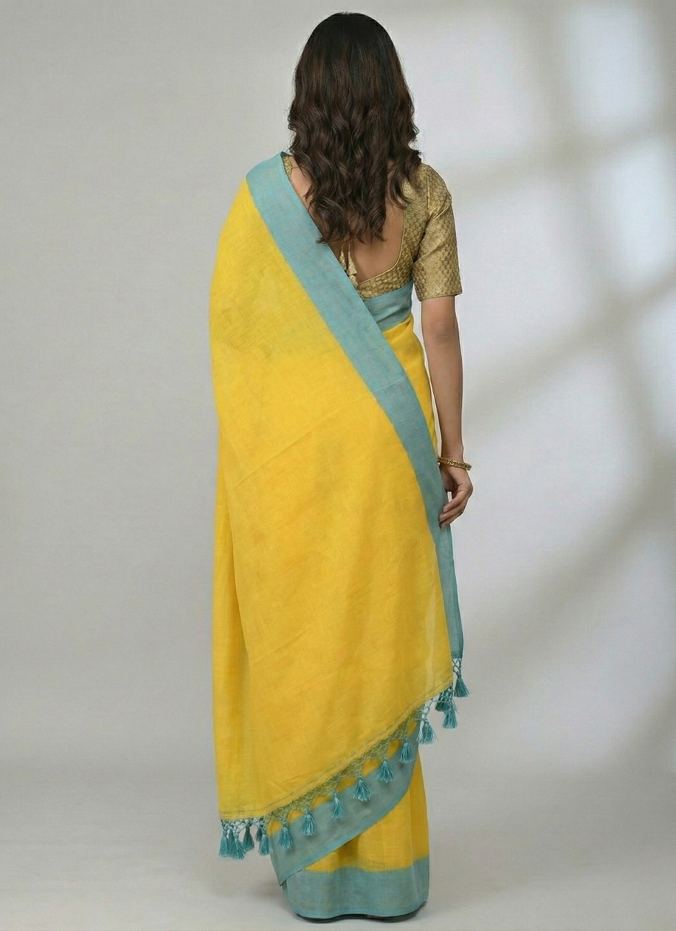 Yellow mulmul cotton saree