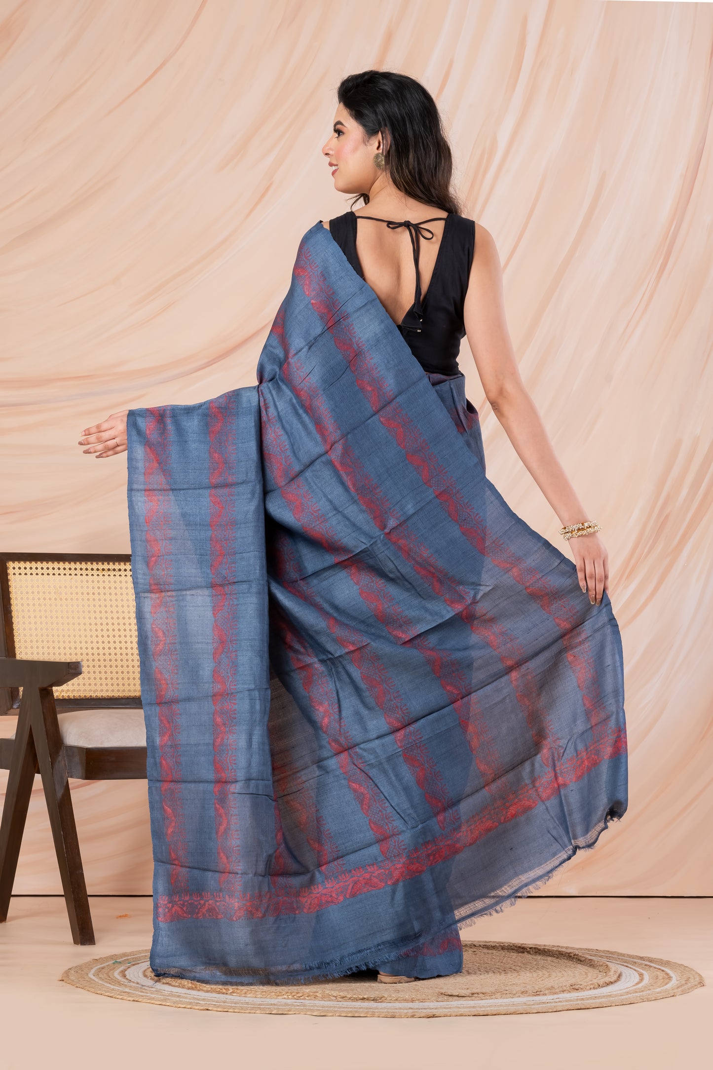 Dull blue printed tussar saree