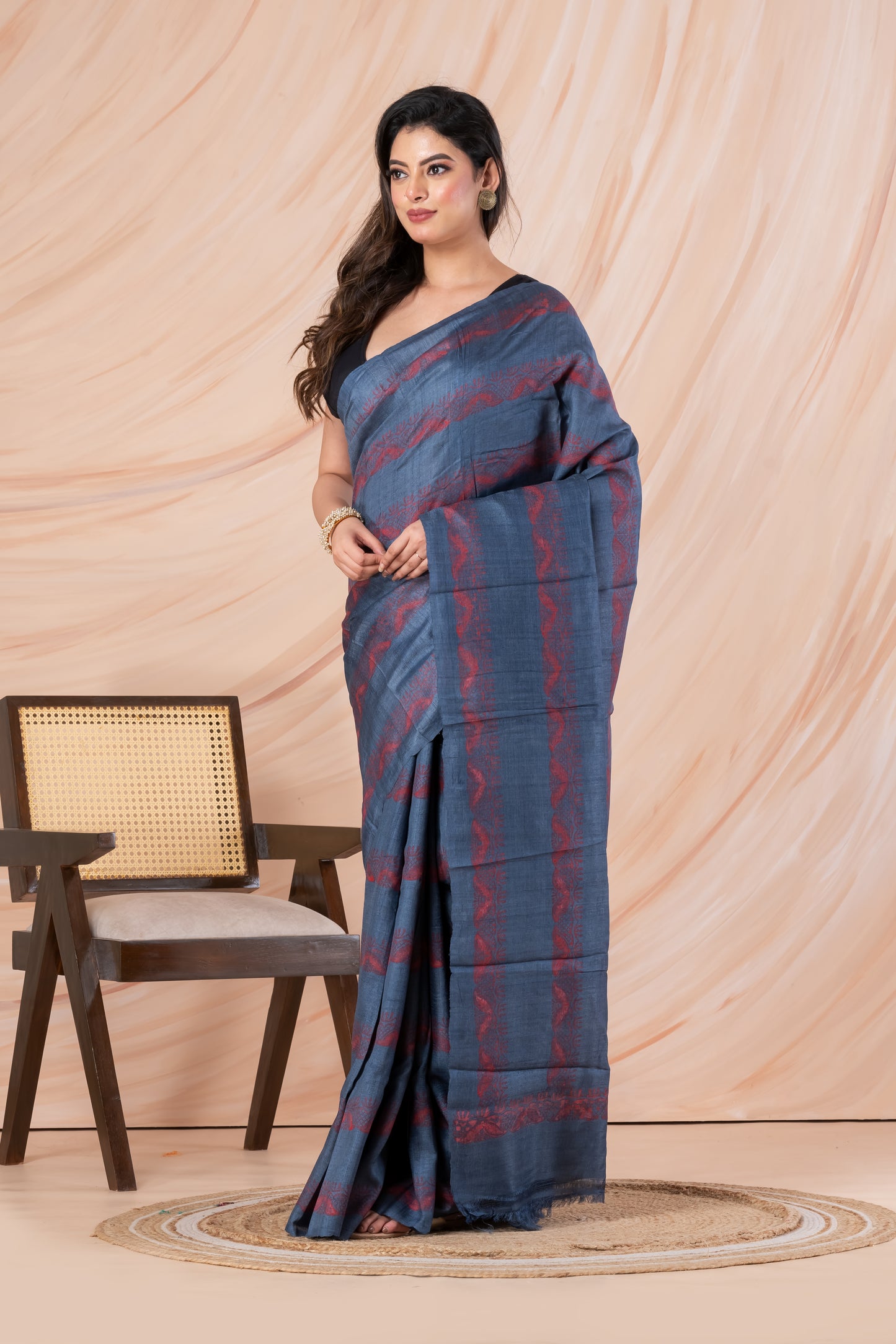 Dull blue printed tussar saree