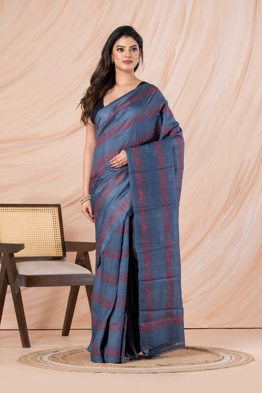 Dull blue printed tussar saree