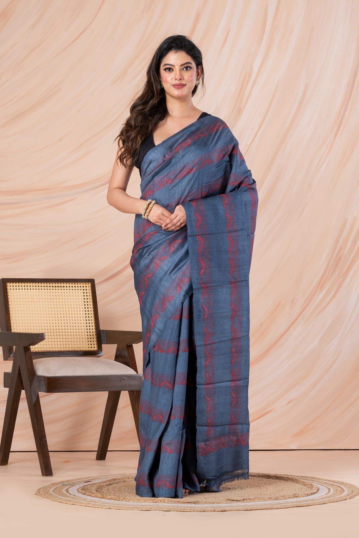 Dull blue printed tussar saree