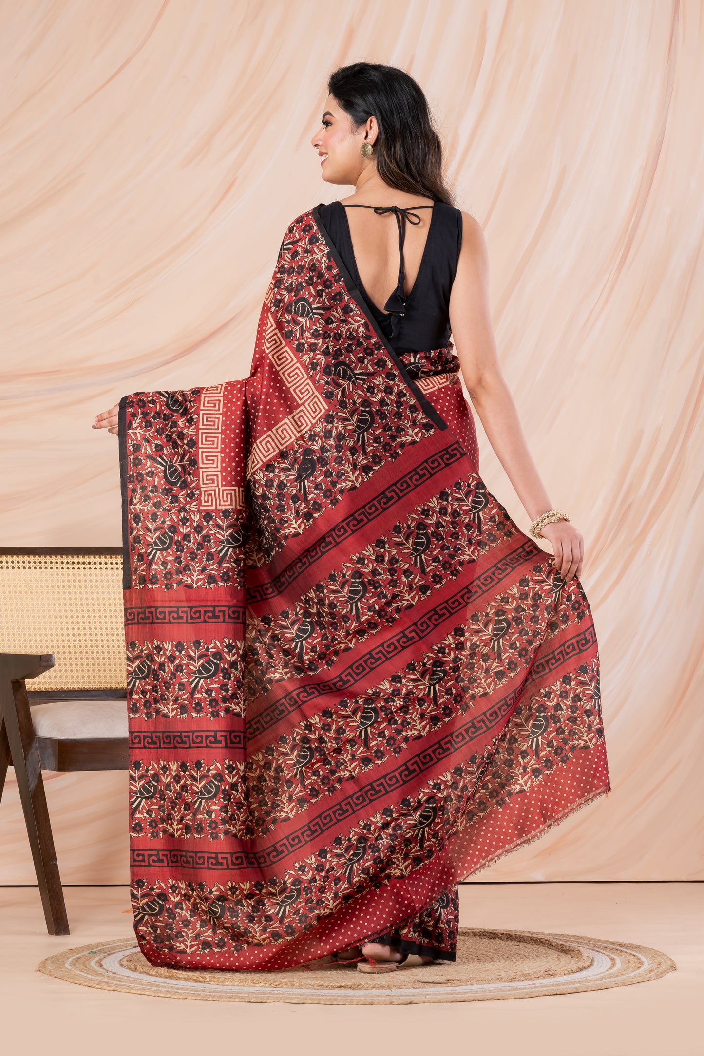Maroon polka dotted printed pure silk saree