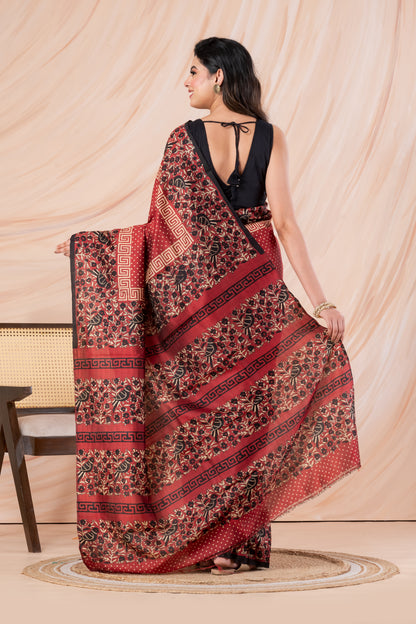 Maroon polka dotted printed pure silk saree