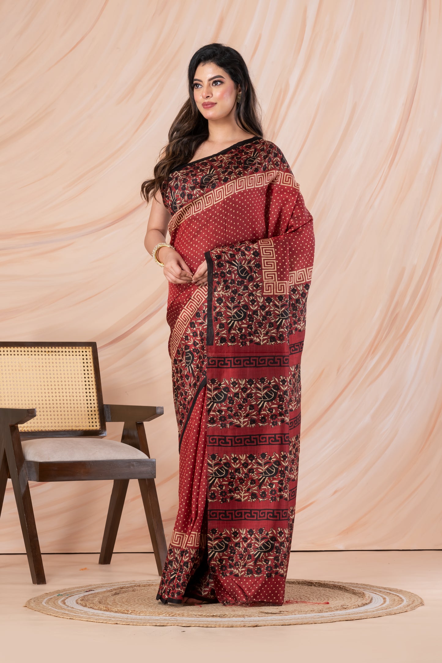 Maroon polka dotted printed pure silk saree