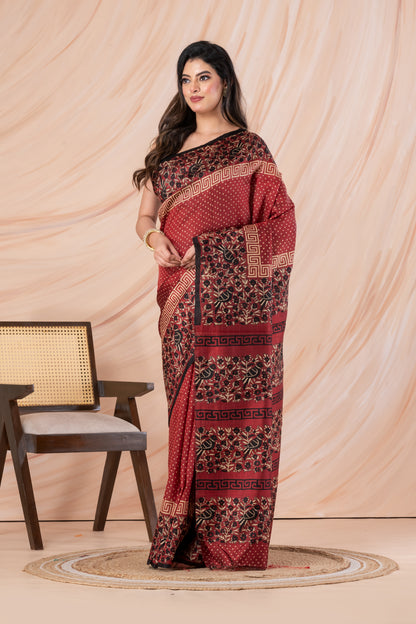Maroon polka dotted printed pure silk saree