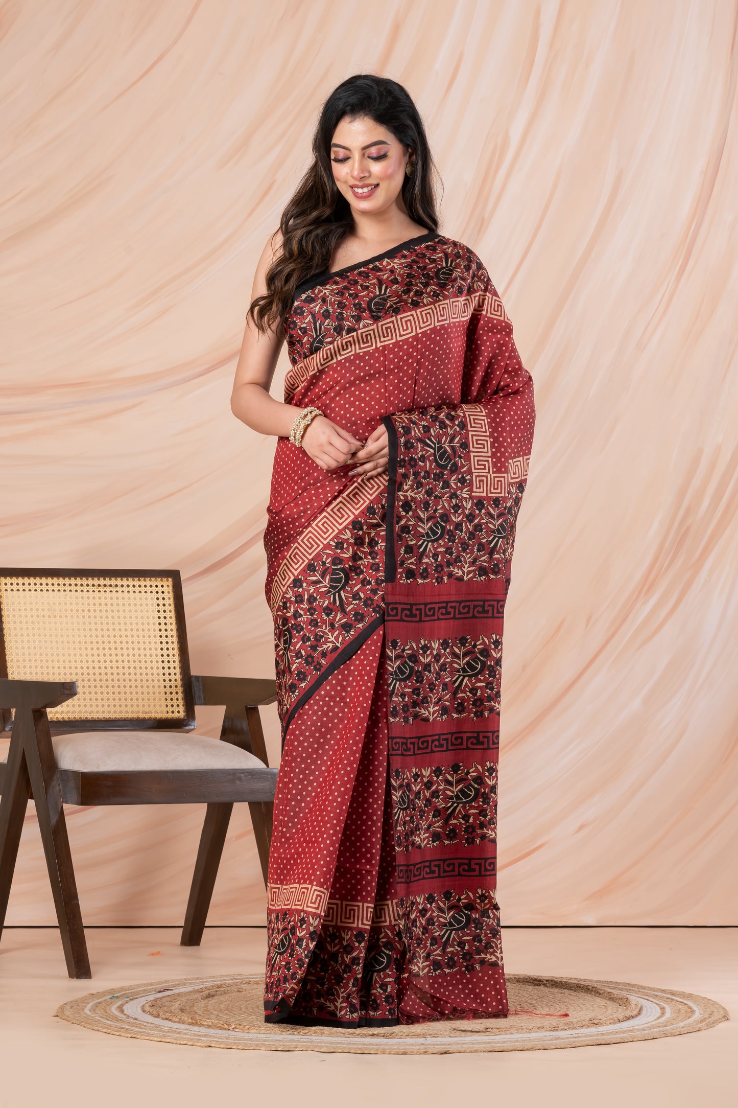 Maroon polka dotted printed pure silk saree
