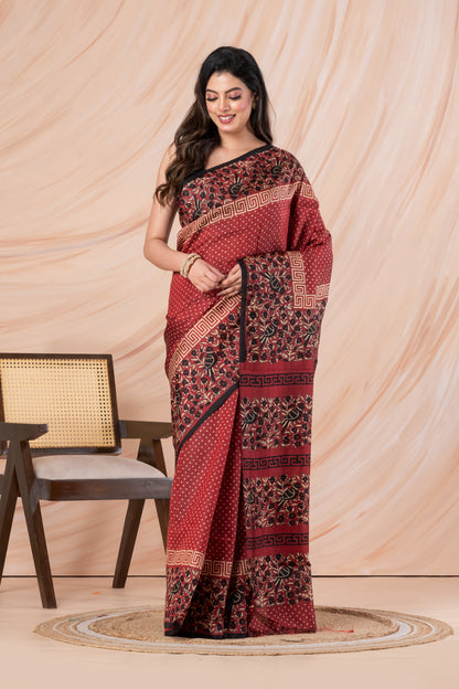 Maroon polka dotted printed pure silk saree