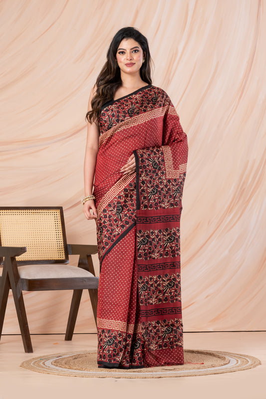 Maroon polka dotted printed pure silk saree