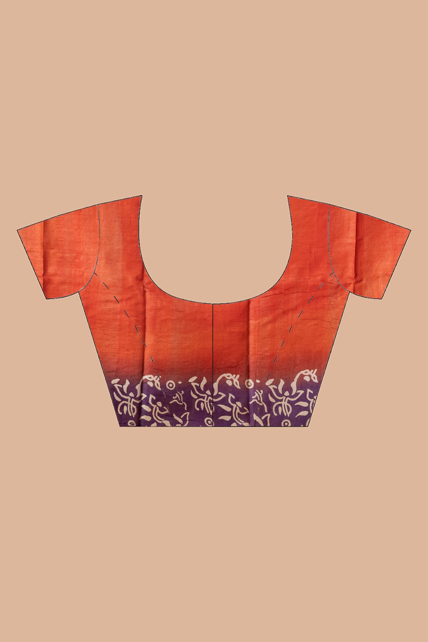 Purple body orange printed tussar saree.