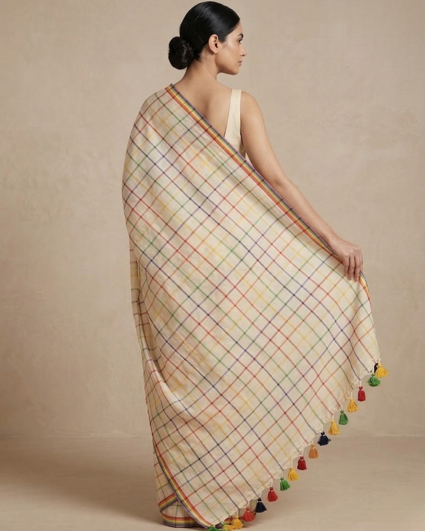 Multi colour check offwhite mulmul cotton saree