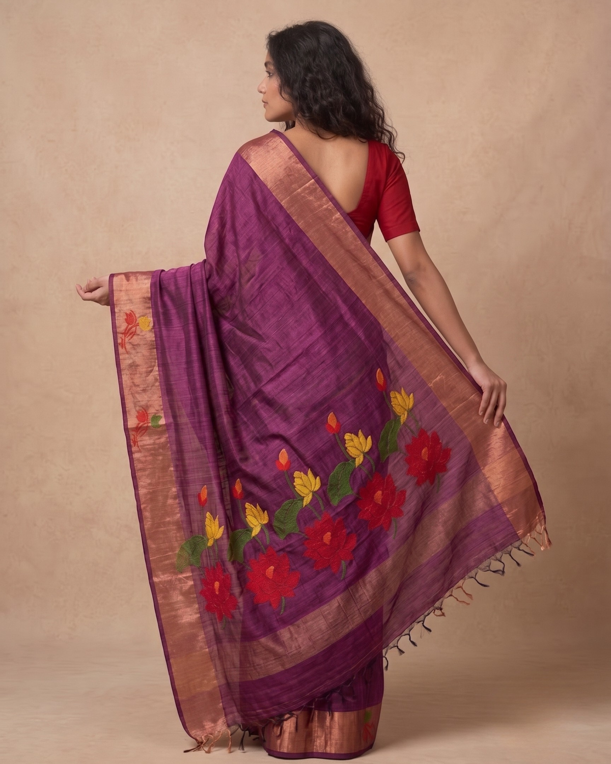 Dark Maroon Tussar Jamdani Saree
