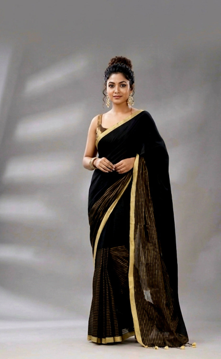 Midnight Black Handloom Mul Cotton Saree with Zari stripes