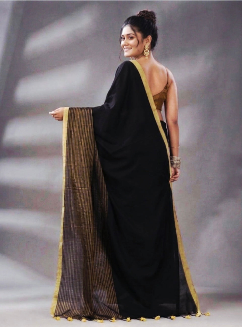 Midnight Black Handloom Mul Cotton Saree with Zari stripes