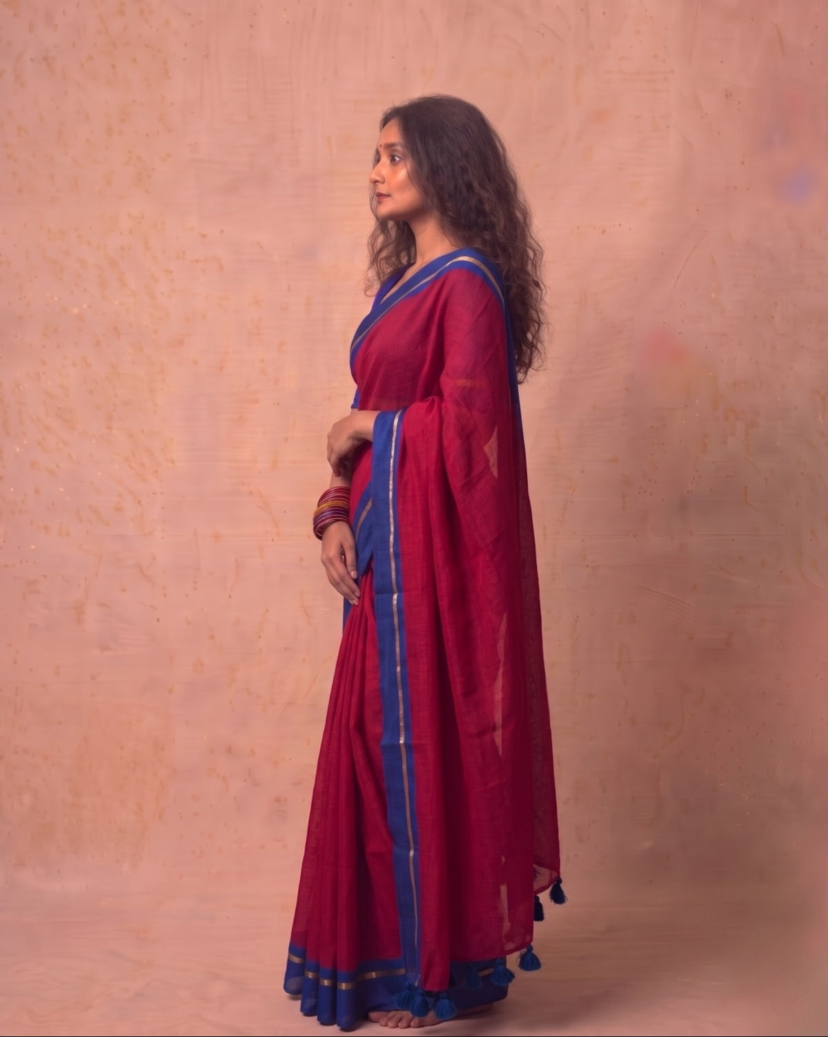 Reddish maroon Super Fine Mul Cotton Saree blue border
