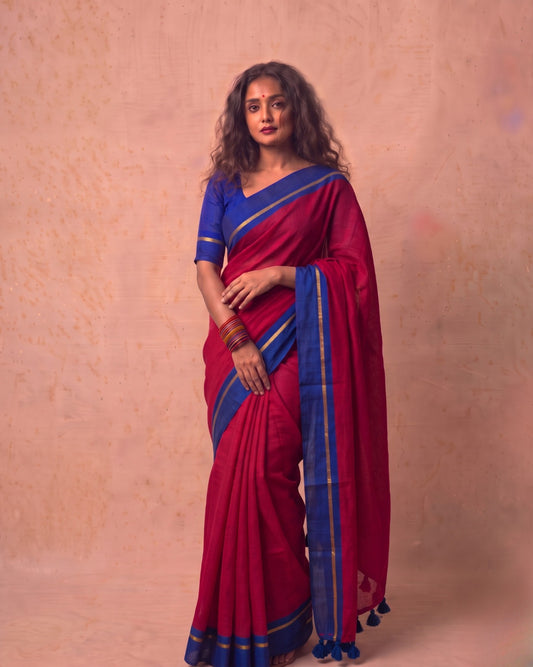 Reddish maroon Super Fine Mul Cotton Saree blue border