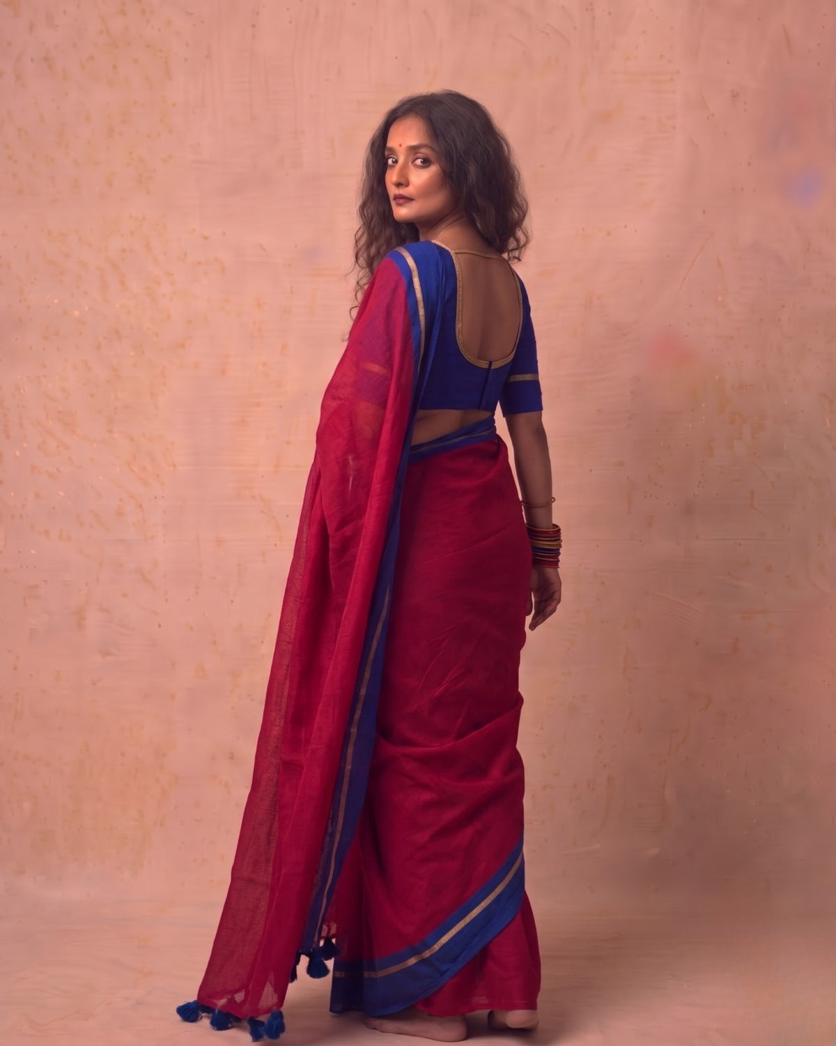 Reddish maroon Super Fine Mul Cotton Saree blue border
