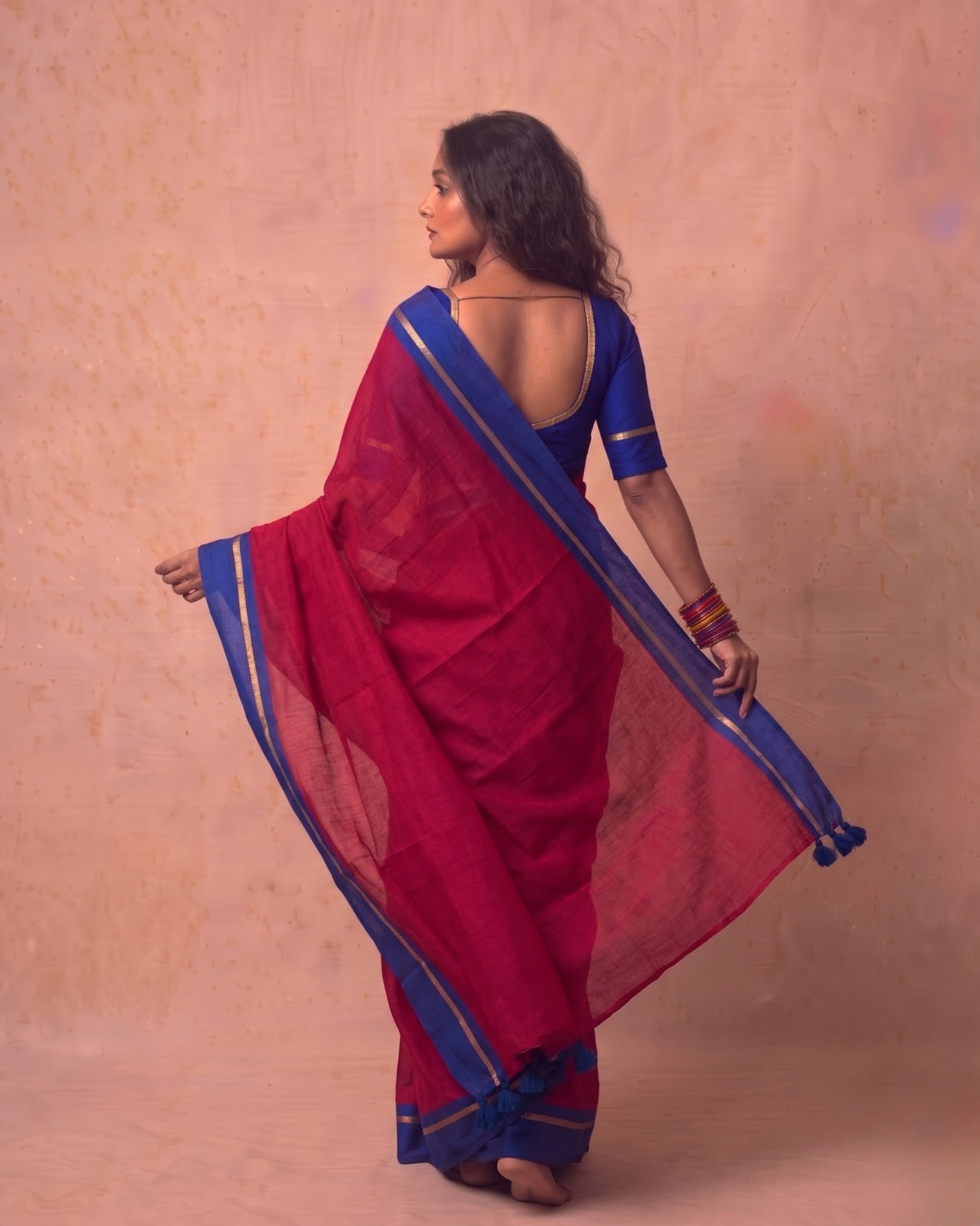 Reddish maroon Super Fine Mul Cotton Saree blue border