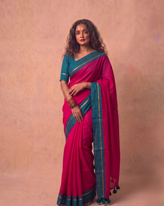 Rani pink super fine Mul Cotton Saree Rama green border