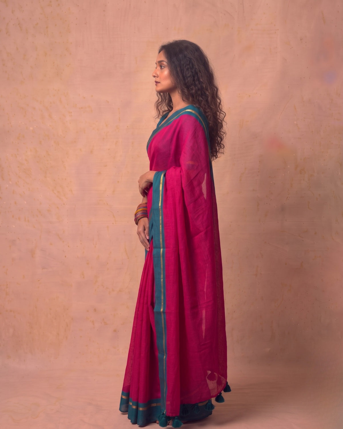 Rani pink super fine Mul Cotton Saree Rama green border