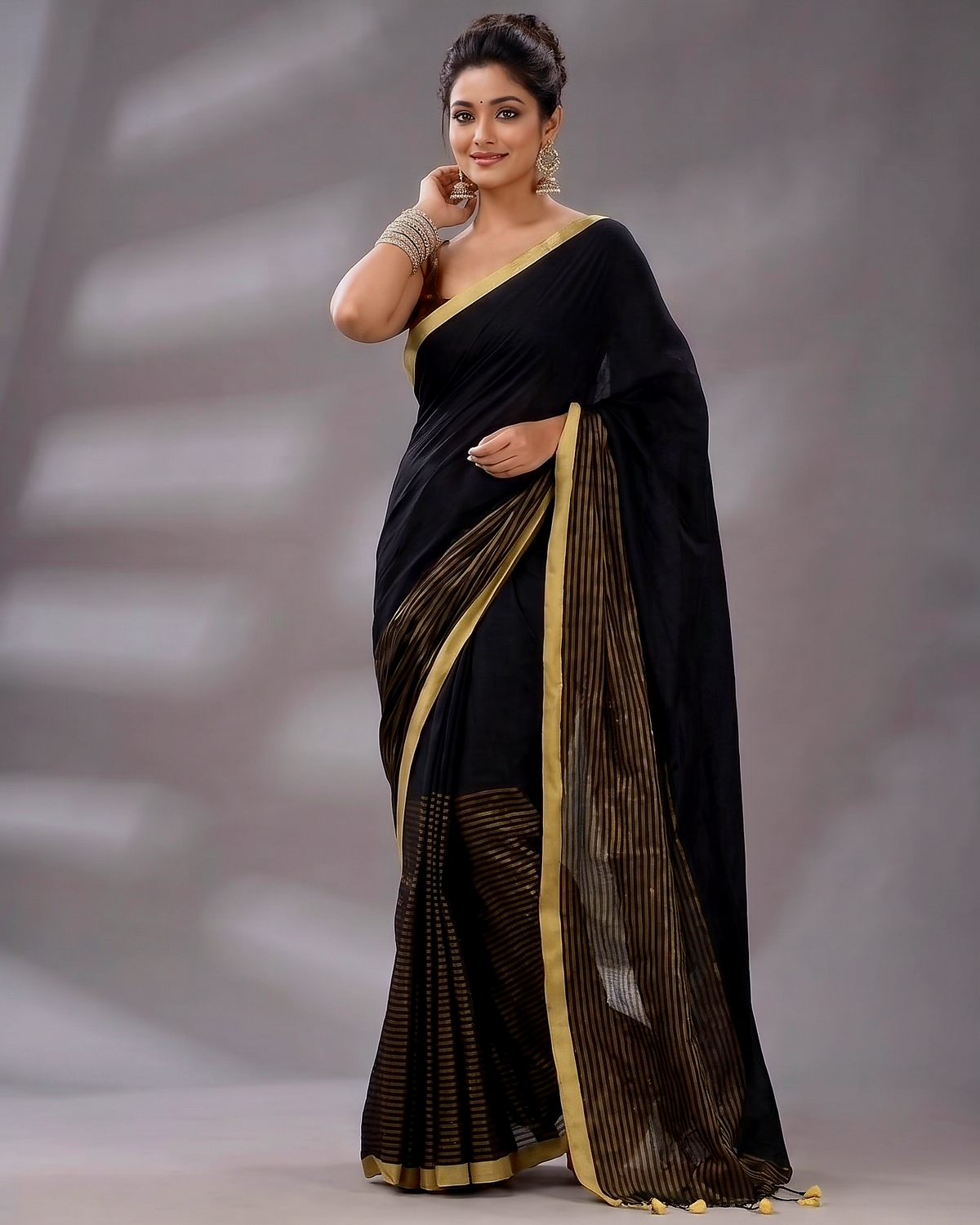 Midnight Black Handloom Mul Cotton Saree with Zari stripes