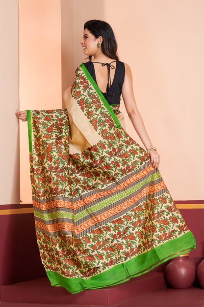 Kalamkari printed skirt border on pure silk.