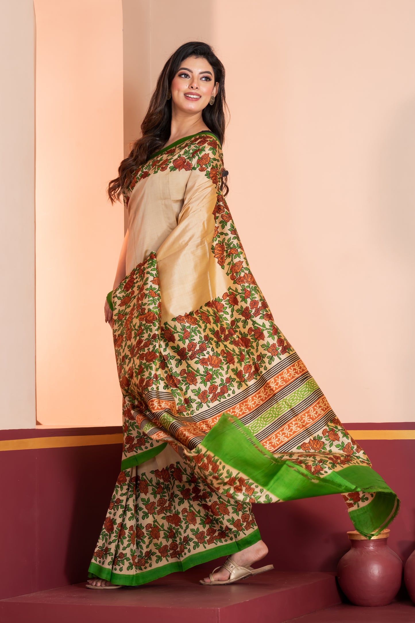 Kalamkari printed skirt border on pure silk.