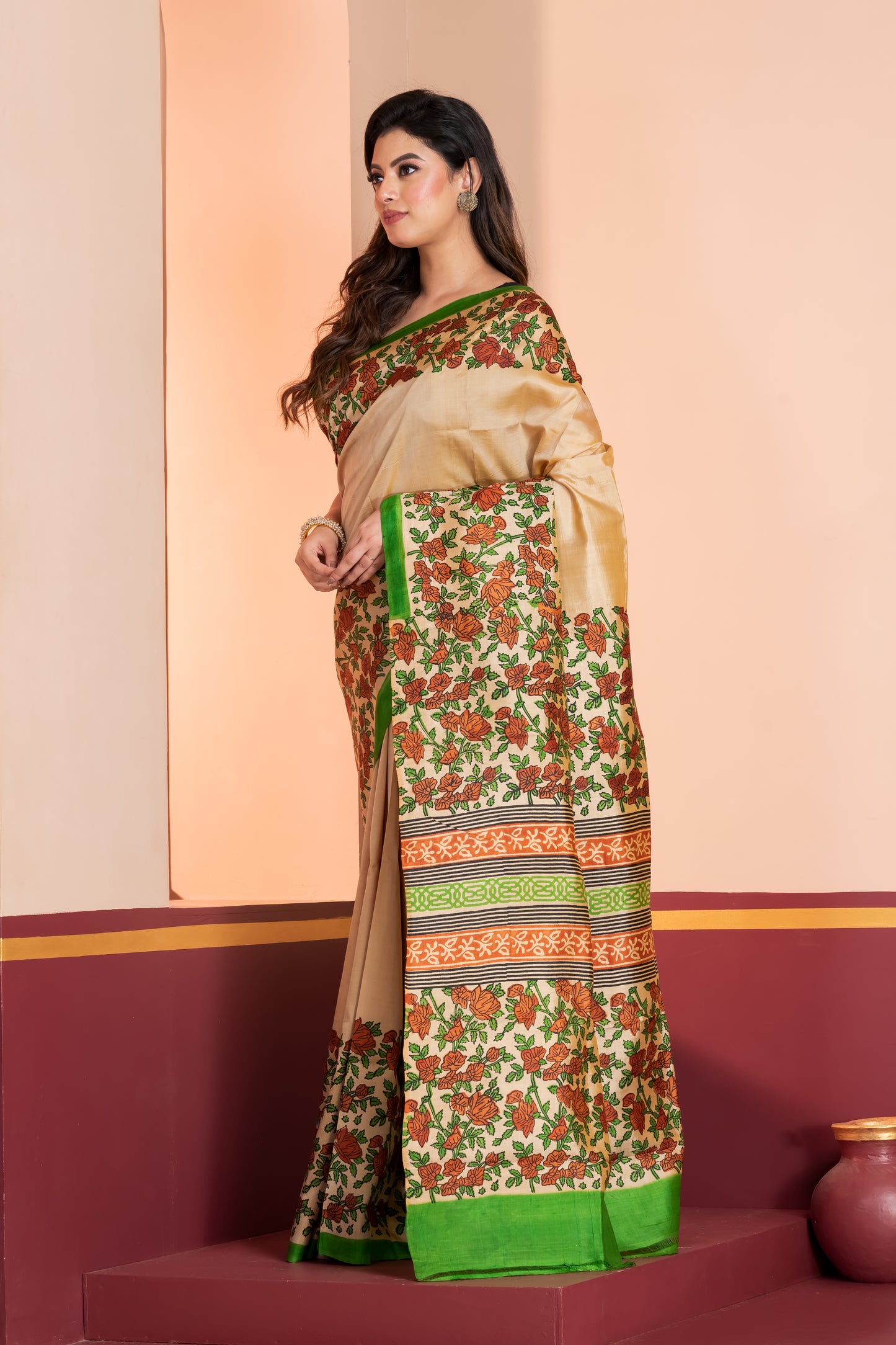 Kalamkari printed skirt border on pure silk.