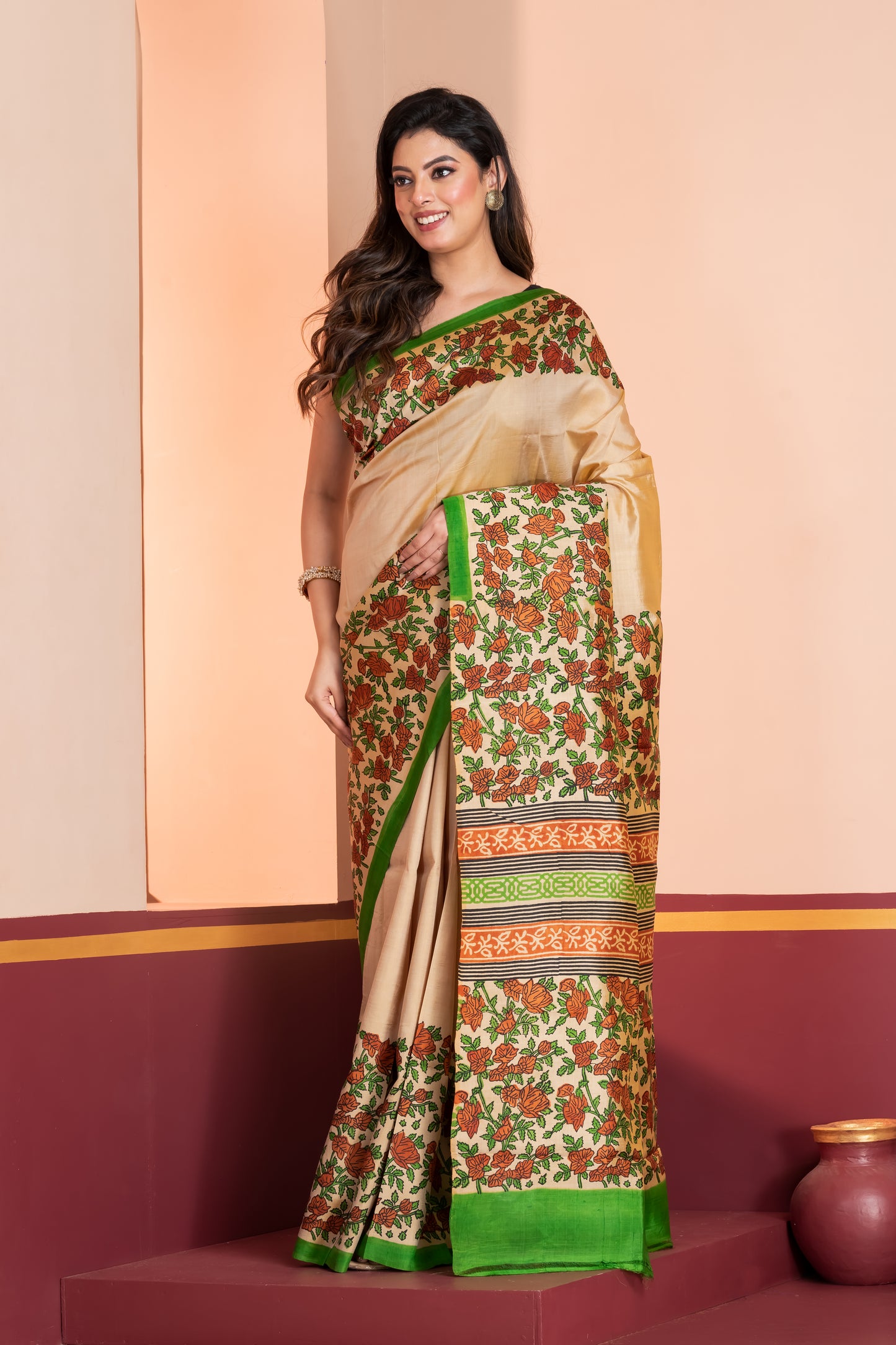 Kalamkari printed skirt border on pure silk.
