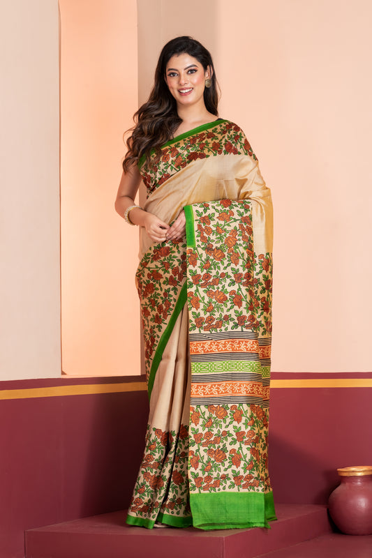 Kalamkari printed skirt border on pure silk.