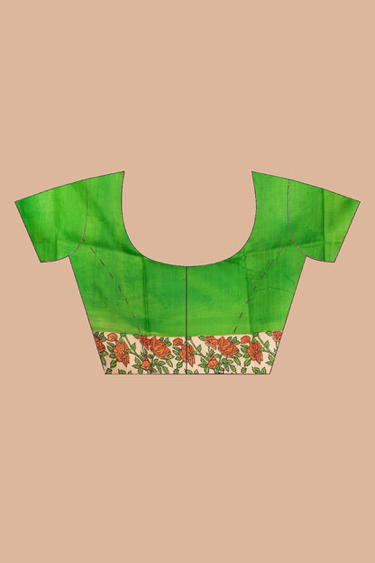 Kalamkari printed skirt border on pure silk.