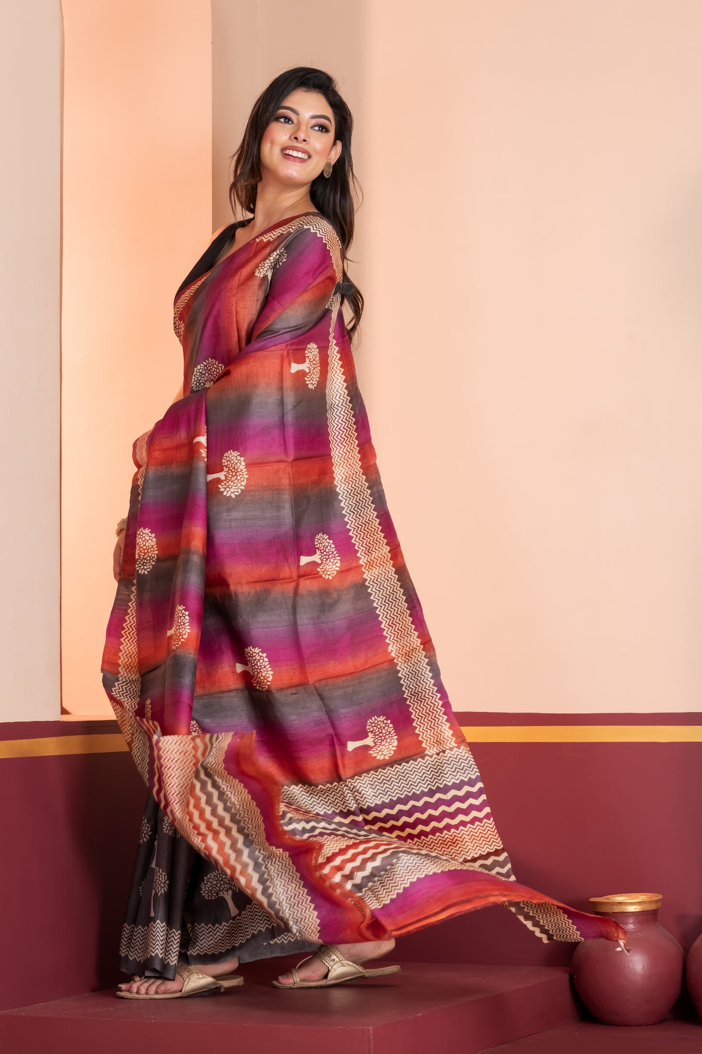 Half n half printed tussar saree