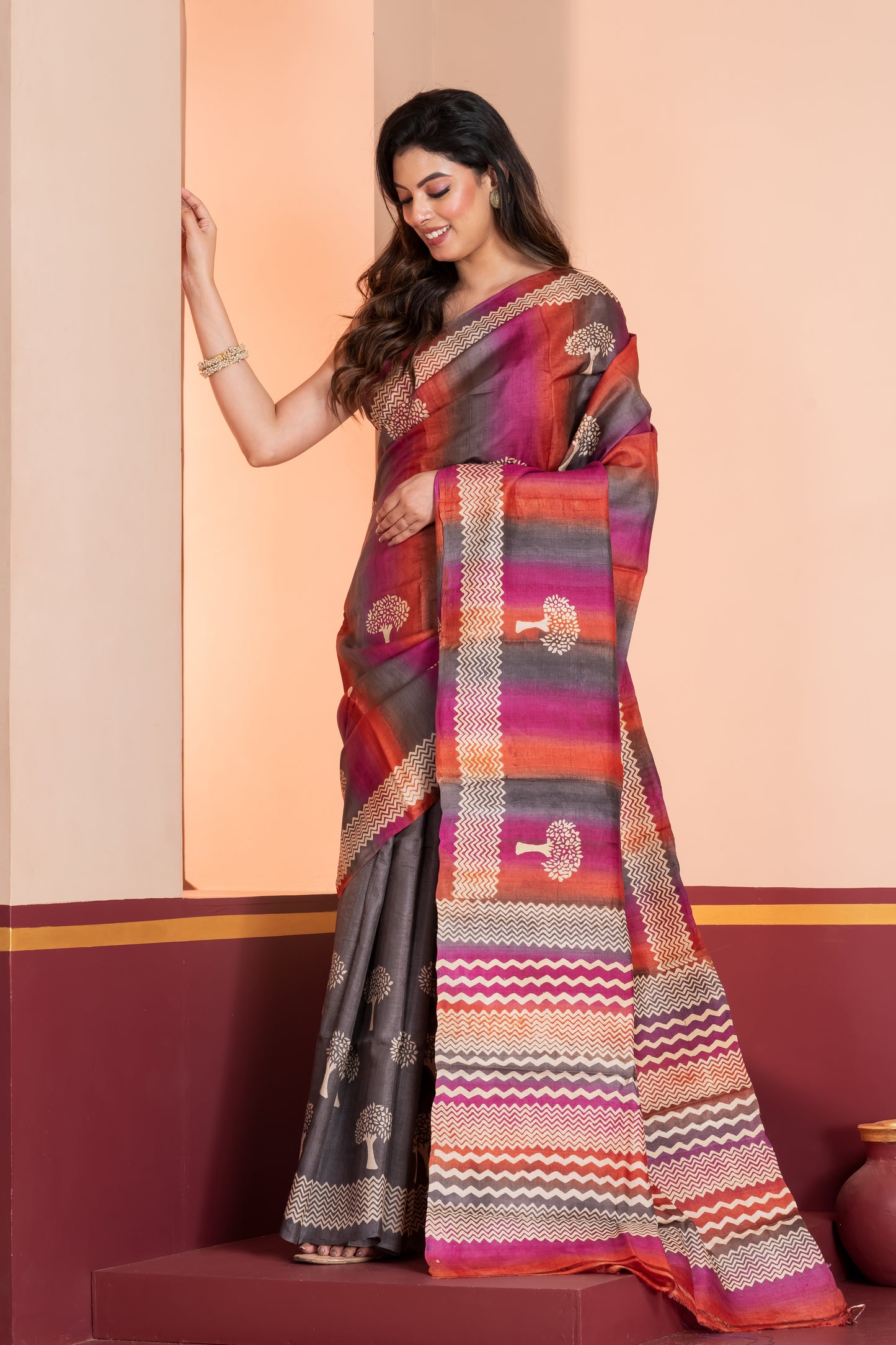 Half n half printed tussar saree